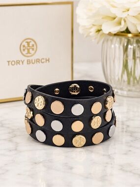 Tory Burch wrap bracelet Black and Gold Studded with pouch. Gift ready .